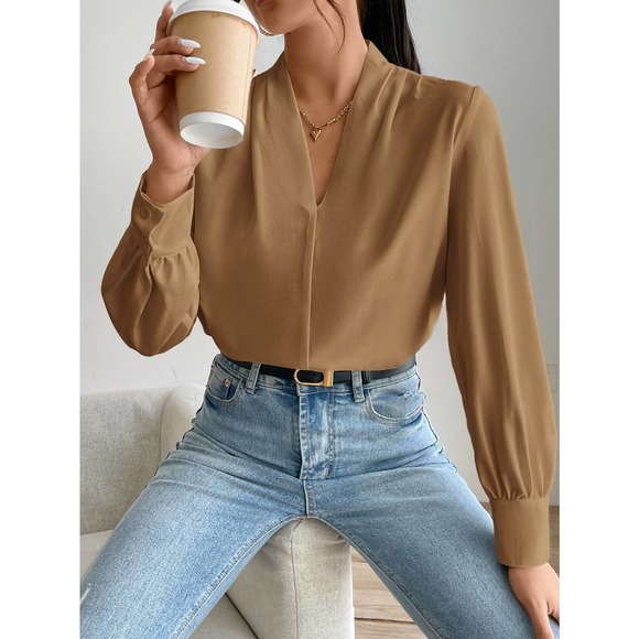 Long sleeve draped v neck Solid Bishop Sleeve Blouse black - Picture 4 of 8